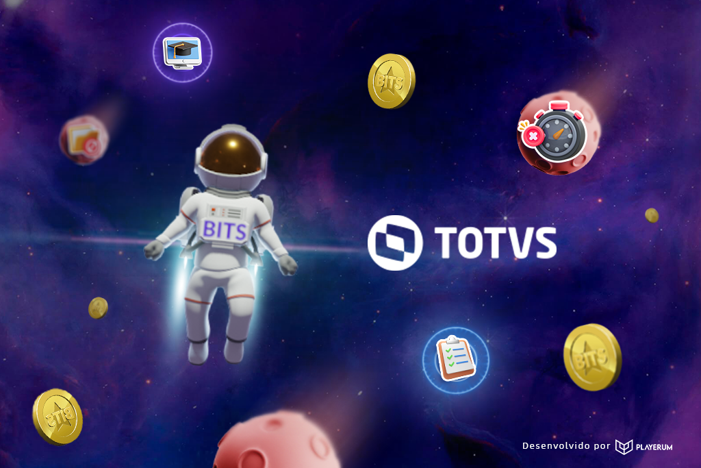 Astronauta flutuando em meio a planetas, moedas e ícones relacionados a estudo e conhecimento mostra Universo TOTVs. Ações interativas para eventos gamificadas da PlayerUm: ideias para eventos corporativos.