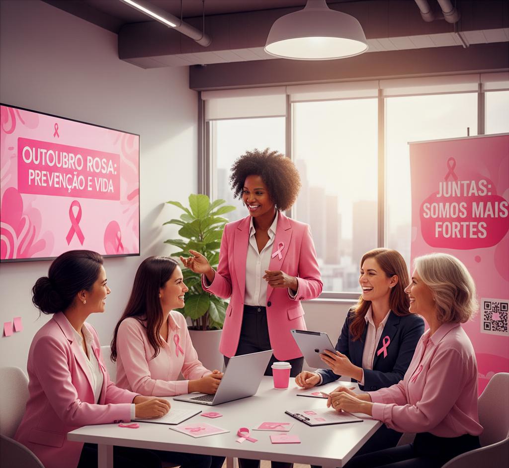5 mulheres em uma sala, sendo quatro delas sentadas e uma de pé, vestidas de rosa conversando