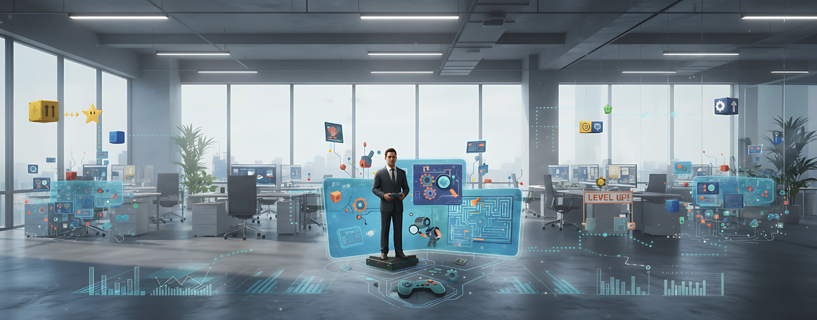 avatar com icones de games em um ambiente corporativo 3D