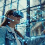 Mulher utilizando óculos de realidade virtual (VR) mostra ideia de ativações para eventos corporativos.